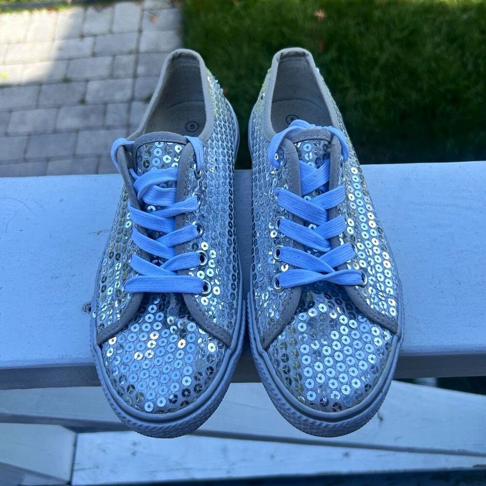 Ballera Girls US 5 Silver Sequin Lace-Up Low Top Sneakers Casual Shoes
